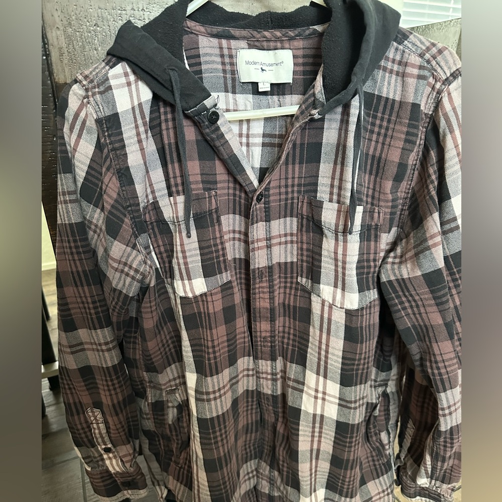 Brown plaid button down hoodie. Size large.